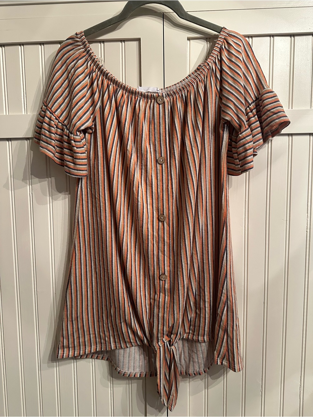 First Love Striped Off-Shoulder Faux Button Tie-Hem Tunic in Rust, Ivory & Navy